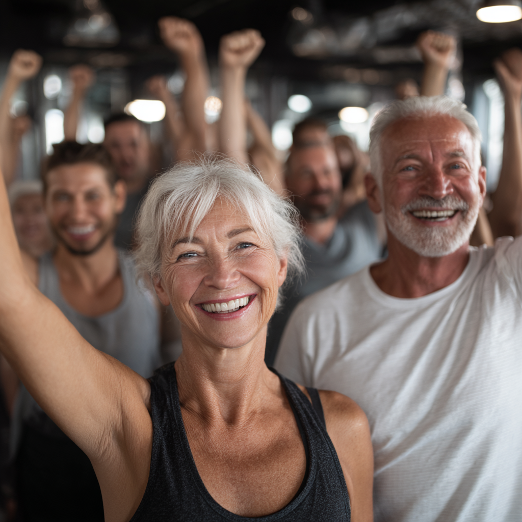 mature adults celebrating fitness achievements together in supportive gym community