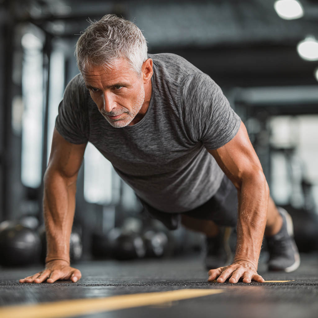middle-aged person performing functional fitness exercises in modern gym environment